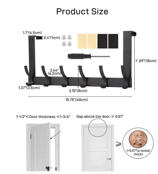 Door Hooks, Door Towel Rack, With 12 Hooks For Hanging Clothes, Coats, Towels, And Hats, 1 Piece, Black. - Image 5